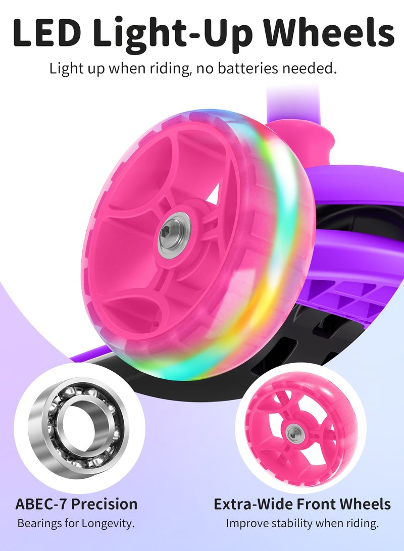 بيليف سكوتر للأطفال، سكوتر ثلاثي العجلات للأطفال مزود بعجلات ودواسات مضيئة بتقنية LED، سكوتر ثلاثي العجلات قابل للطي ومناسب للأطفال الصغار من الفتيات والفتيان، 4 مستويات قابلة للتعديل للارتفاع، دواسات مقاومة للانزلاق، خفيف الوزن وسهل الحمل، يتم التوجيه بالانحناء، سطح عريض للغاية، عجلات مضيئة للأطفال من عمر 3 سنوات فما فوق - Image 3